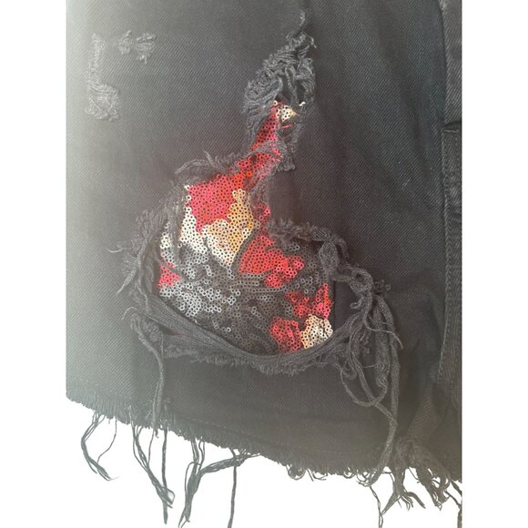 Distressed 8 Black Denim Sequin Patch Frayed Hem High-Waisted Shorts - Picture 6 of 10